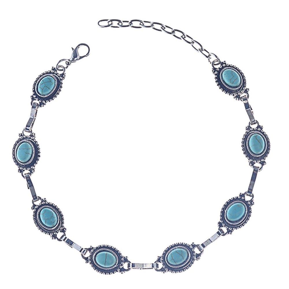 Women's Anklet Oval Turquoise & Silver Native American Style Adjustable - Picture 2 of 3